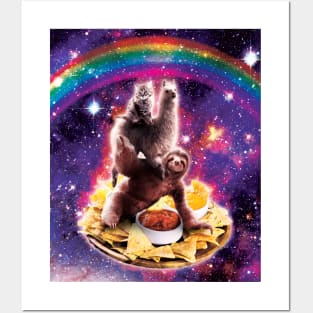 Space Cat Llama Sloth Riding Nachos Posters and Art